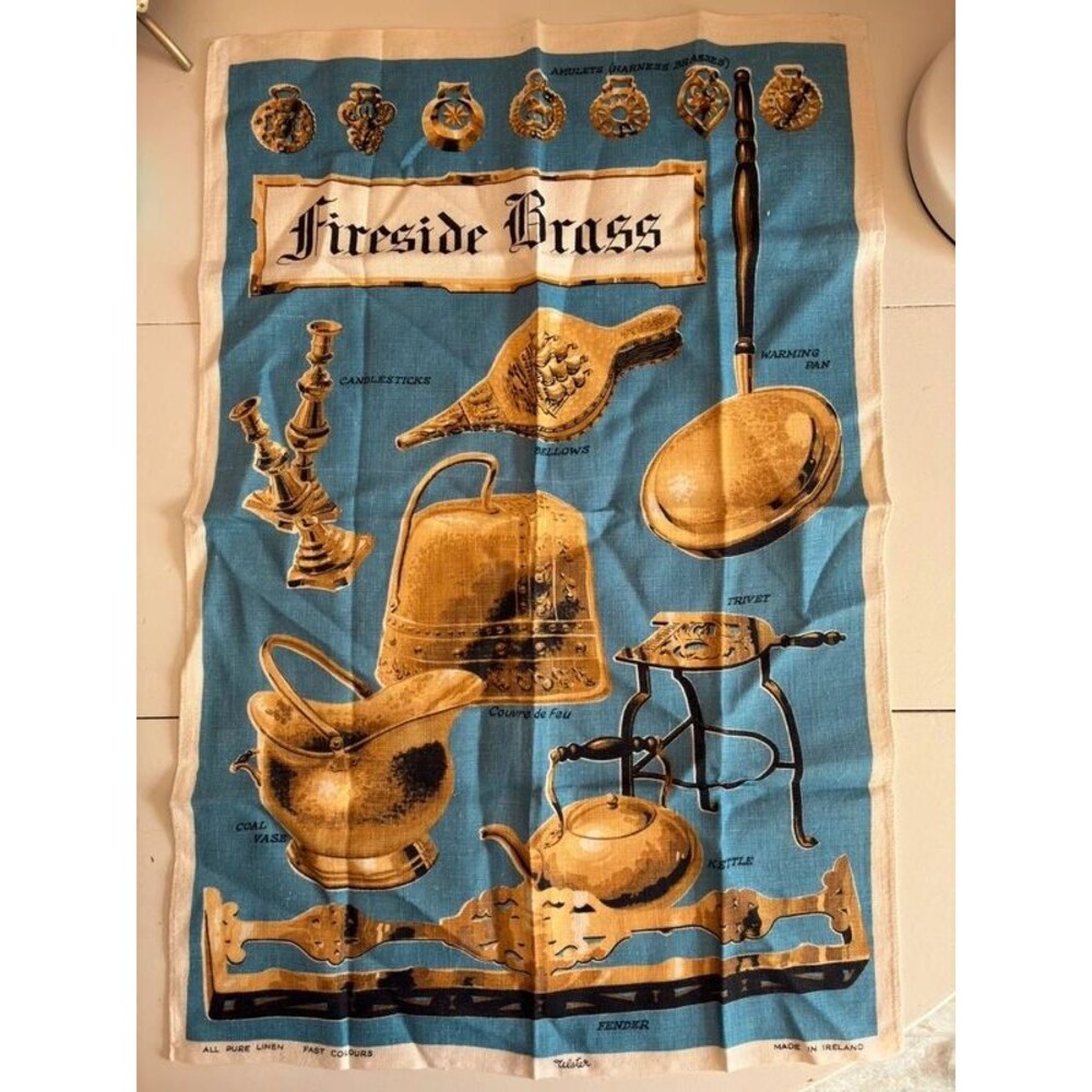 Vintage Ulster Irish Linen Tea Towel Fireside Brass Tapestry Fast Colours